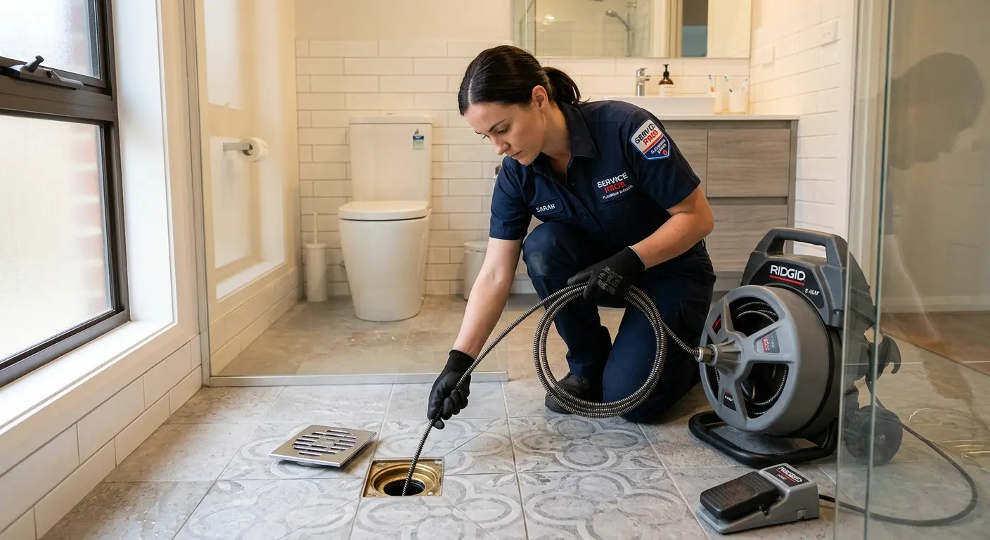 Technician clearing a bathroom floor drain for Sewer Line Installation in Cornelius
